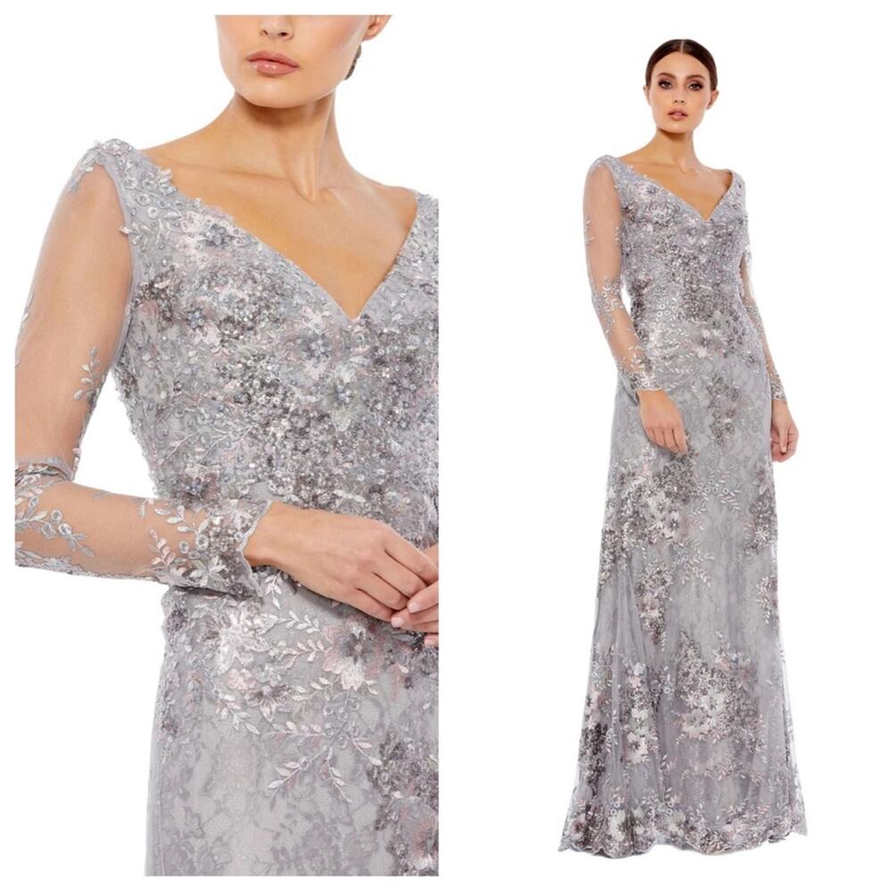 NWT MAC DUGGAL 67539 Platinum Embellished V-Neck Illusion Long Sleeve Gown Women
